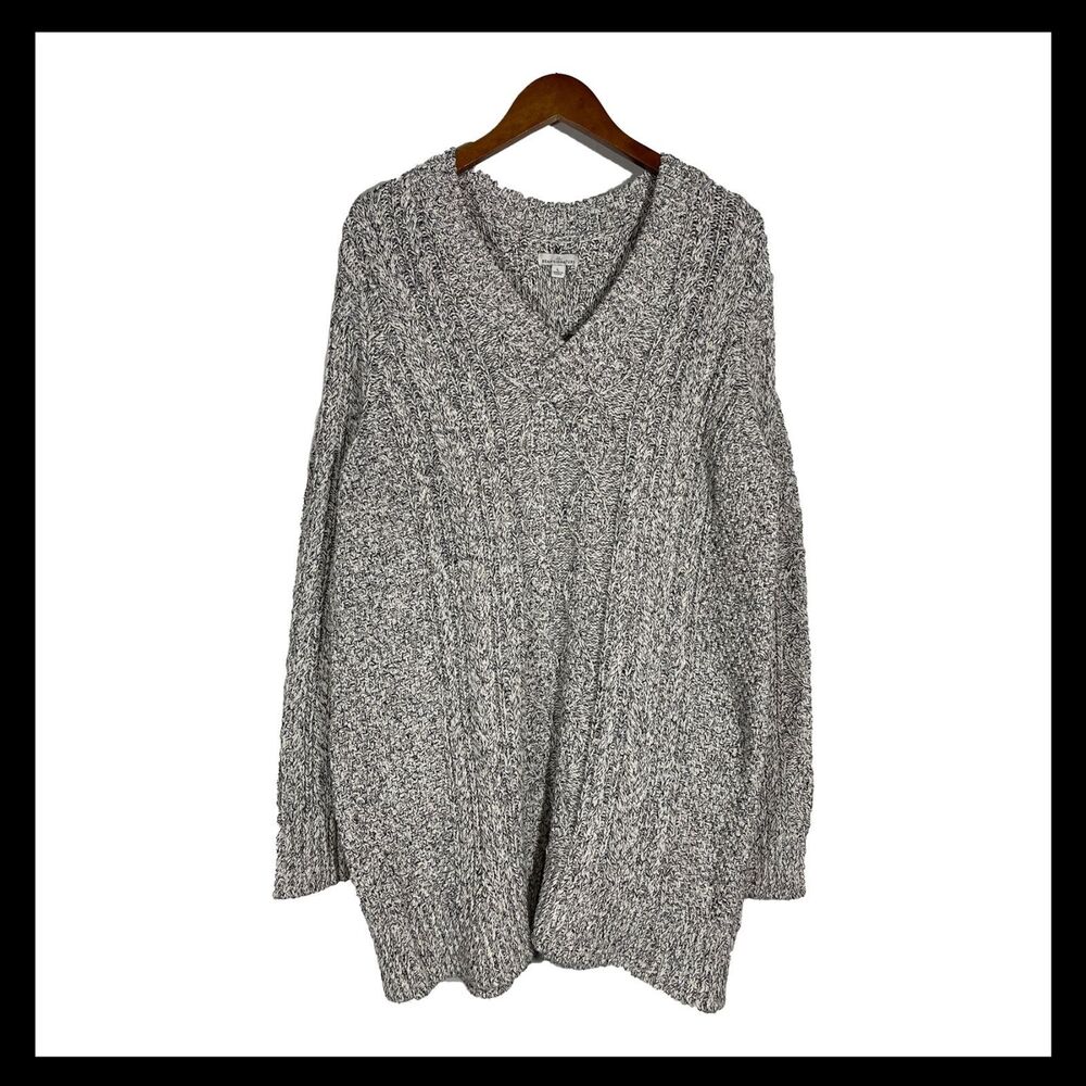 LL Bean Signature Sweater Black White Cable Knit Fisherman Tunic Womens L